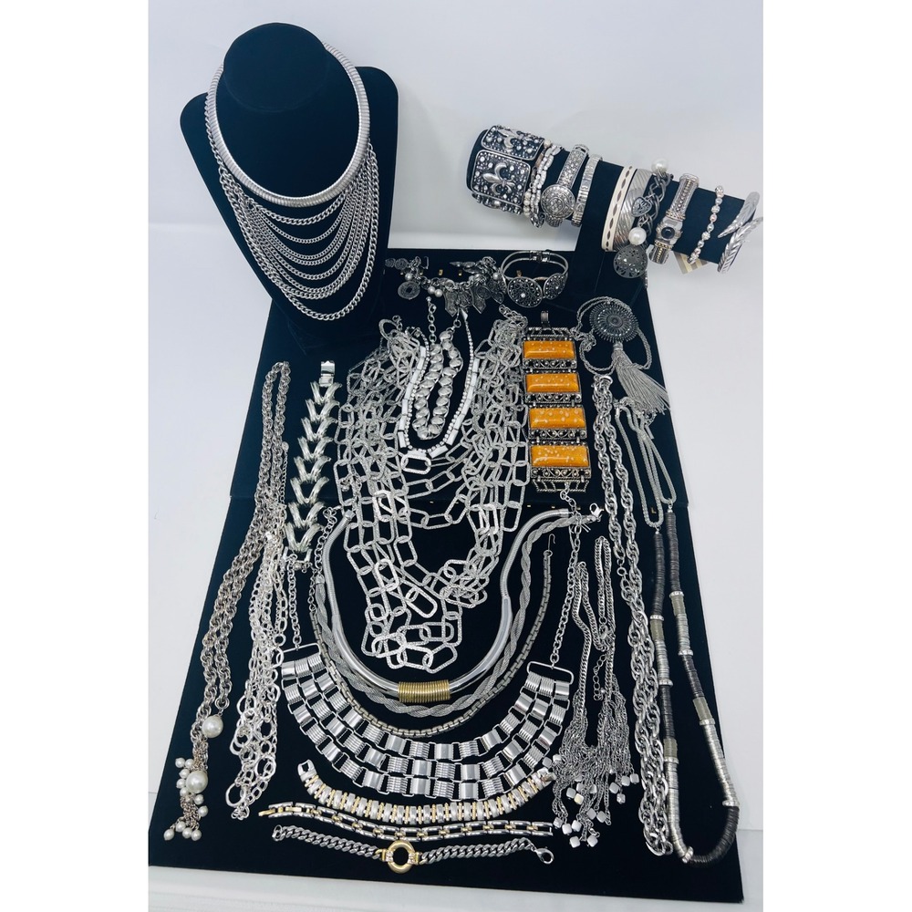 Vintage & Modern Silver Tone & Classic Bold Signed & Unsigned Jewelry Lot of 30
